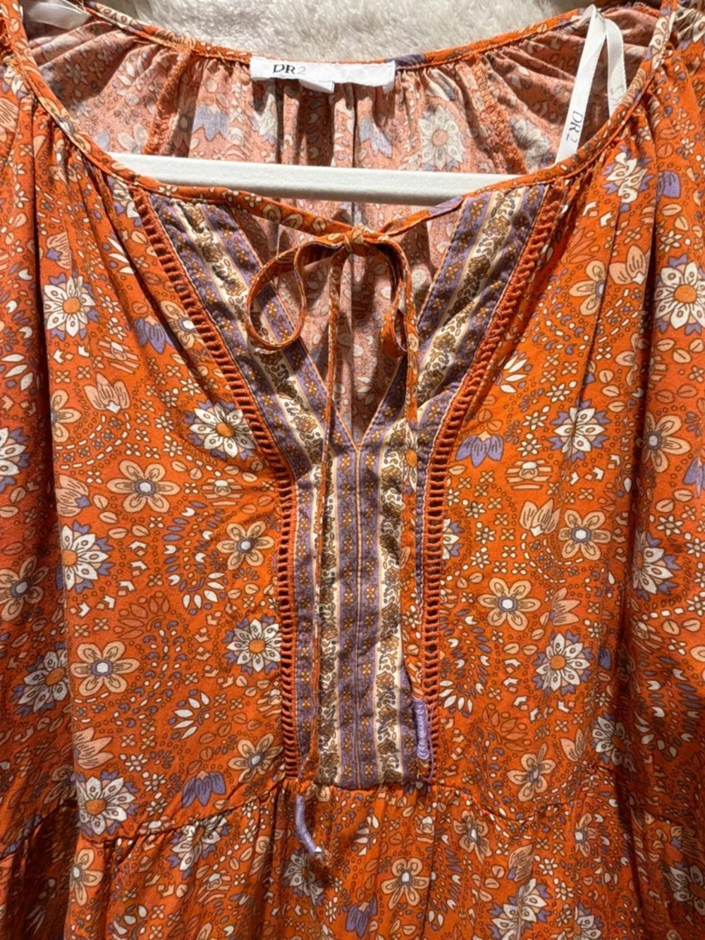 Festival Ready! DR2 boho peasant blouse floral tie front flowy rayon top M - Picture 6 of 12